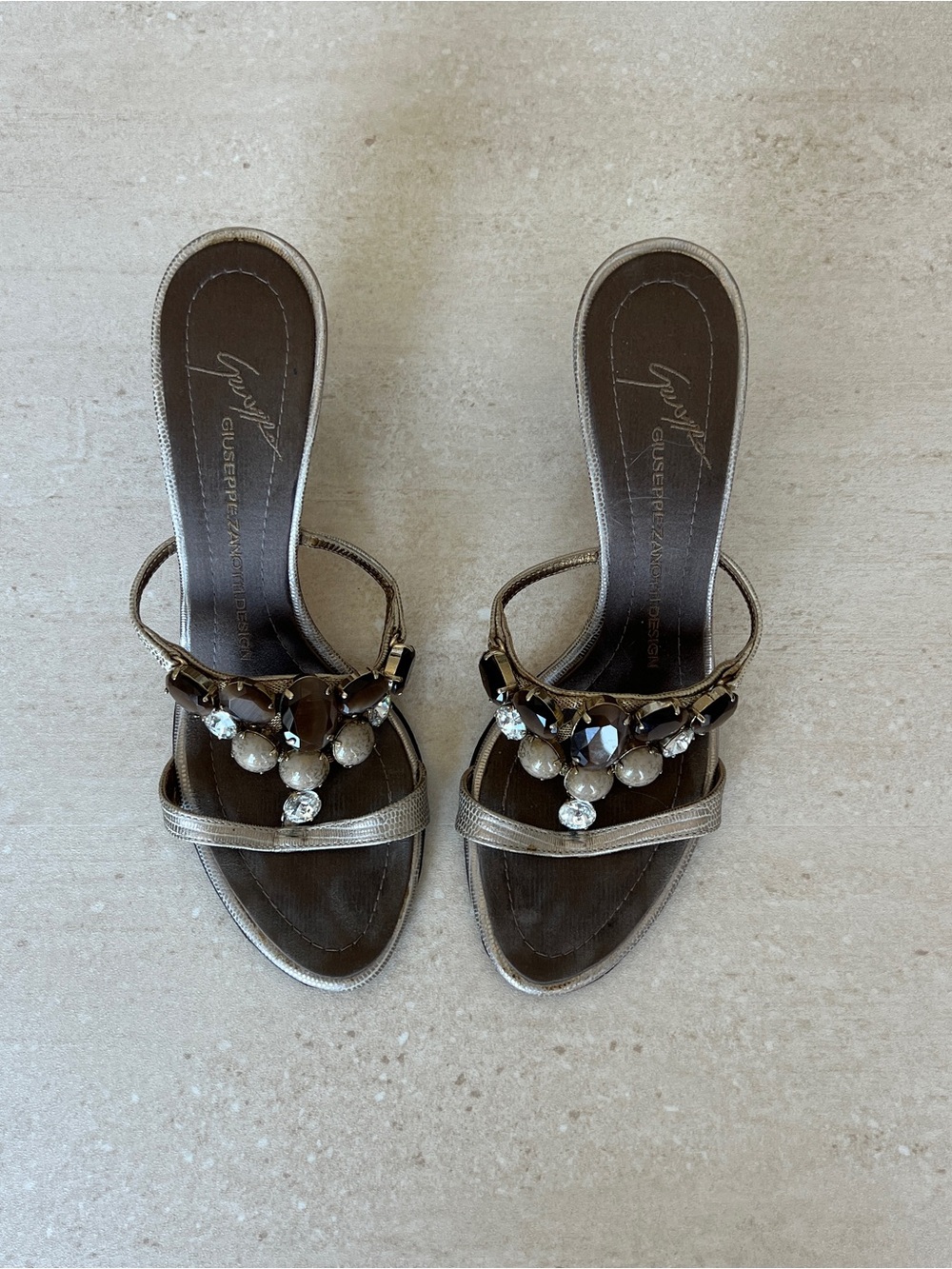 Giuseppe Zanotti Metallic Taupe Jeweled Slide Sandals
